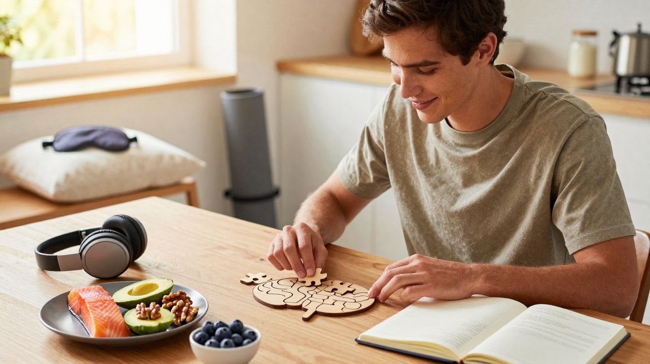 Jovem montando quebra-cabeça de cérebro em mesa com comida saudável, livro e fones de ouvido.