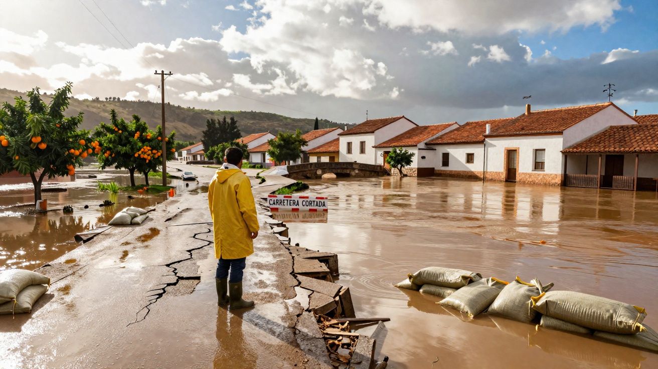 Pessoa de capa amarela observa rua alagada com casas inundadas e árvore de laranjas, sinal alerta "carretera cortada".