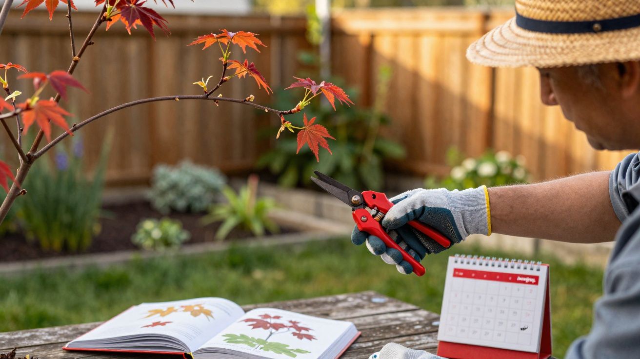 Pessoa com chapéu usando tesoura de poda para cortar galho de árvore com folhas vermelhas em jardim.