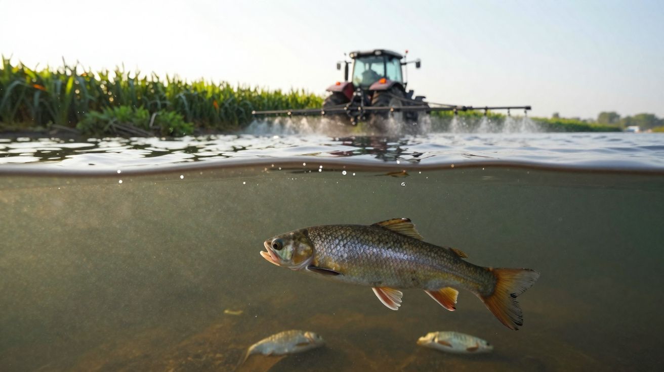 Peixe nadando em rio próximo à plantação enquanto trator pulveriza lavoura ao fundo.