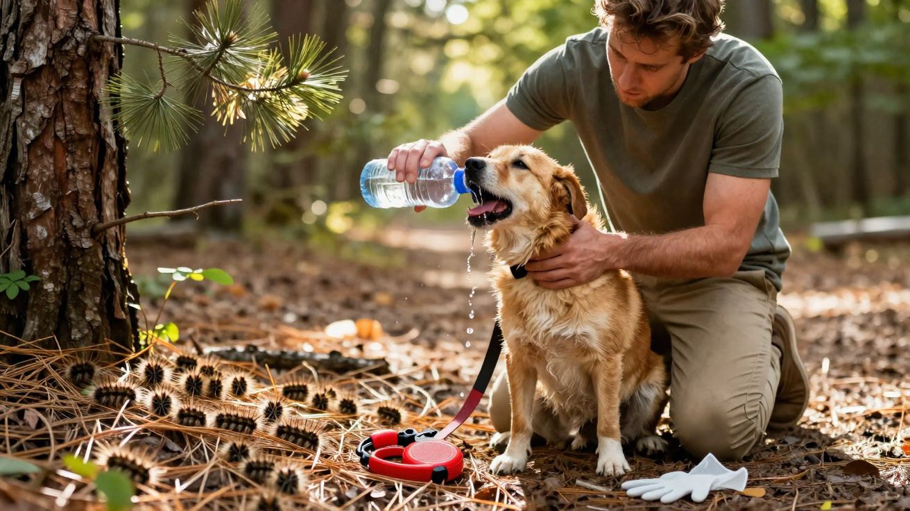 Homem dá água para cachorro beber durante caminhada em trilha na floresta.