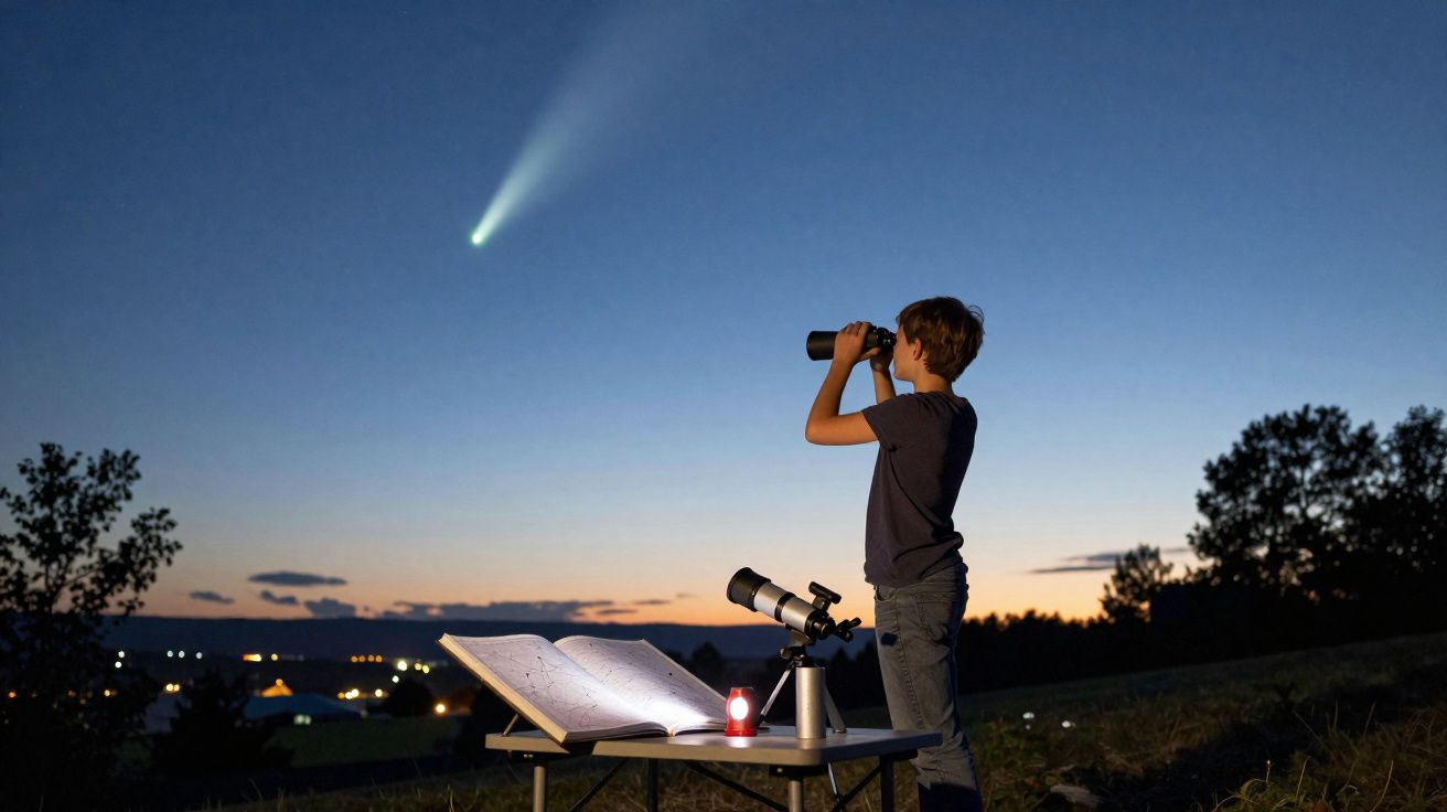 Criança observa com binóculo com céu ao entardecer, telescópio e livro abertos em mesa próxima.