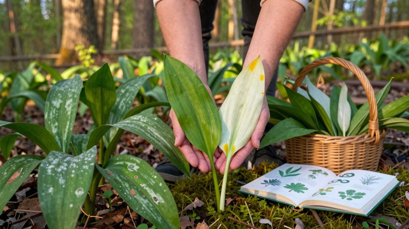 Mãos seguram folhas verdes e brancas ao lado de cesta de vime e livro de botânica no chão da floresta.