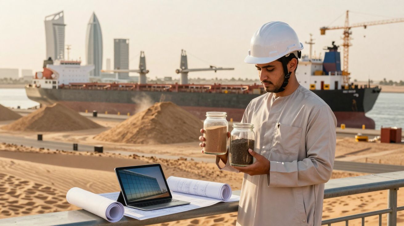 Engenheiro em capacete analisa amostras de areia em porto com navio e prédios ao fundo.