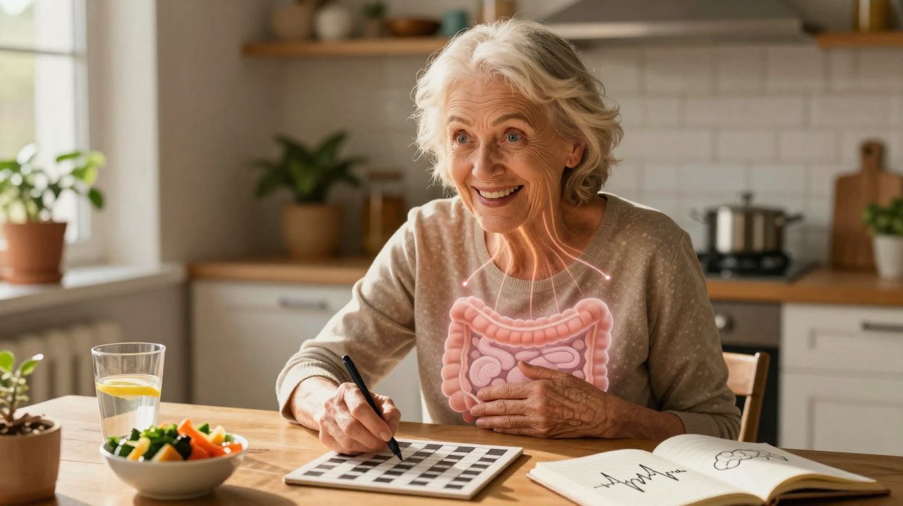 Mulher idosa sorridente fazendo palavras cruzadas com ilustração do intestino destacada no peito.