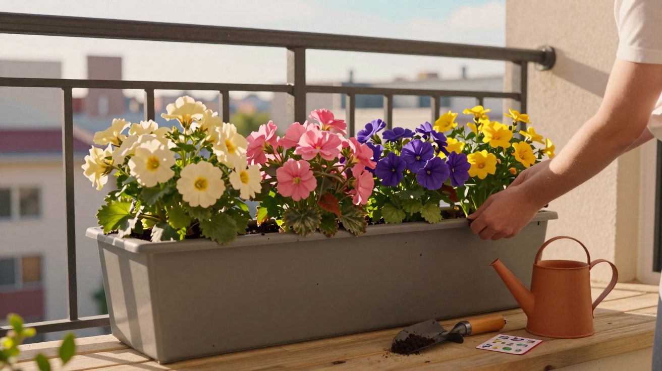 Vaso retangular com flores amarelas, rosas, roxas e lilases em varanda, regador e pá ao lado.