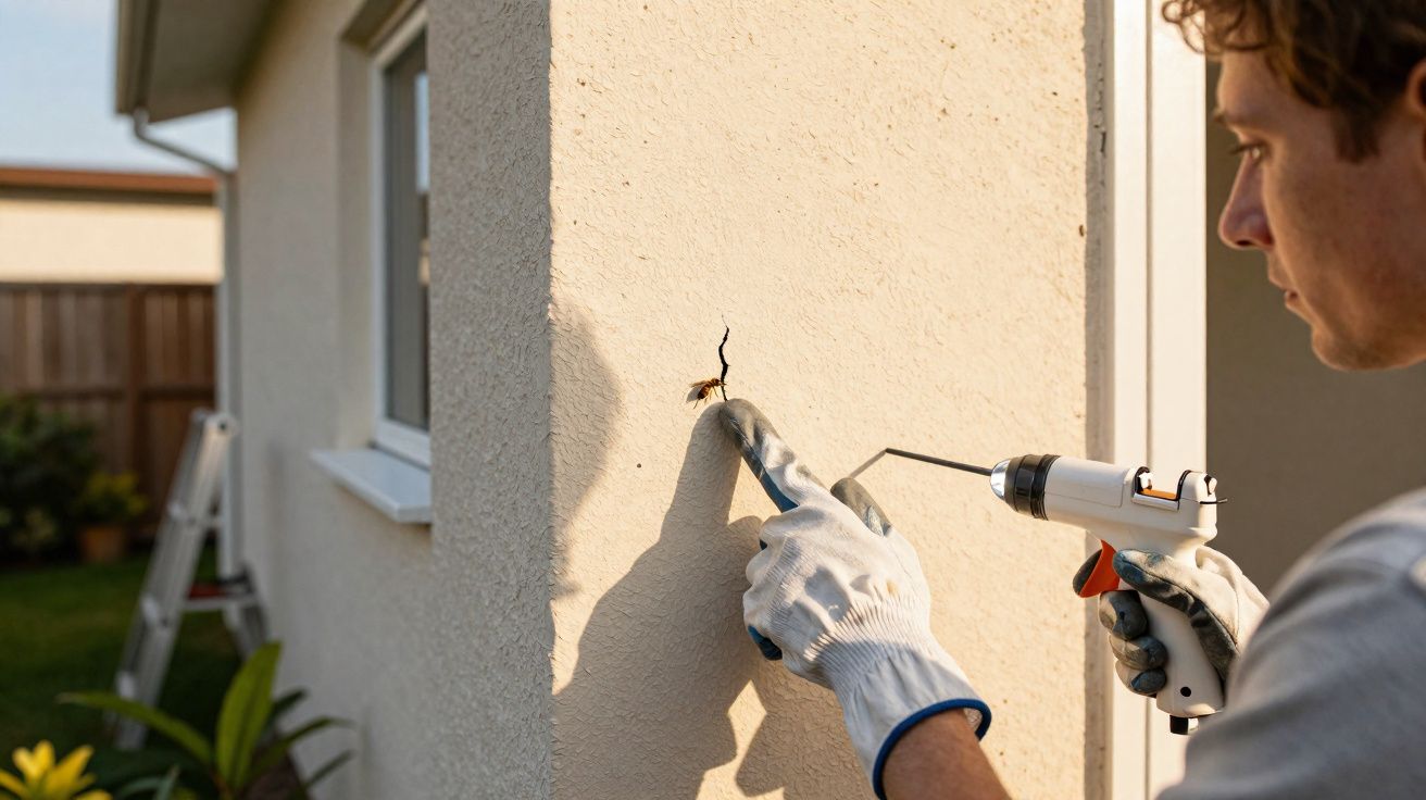 Pessoa com luvas aplicando espuma expansiva em fenda na parede externa de uma casa.