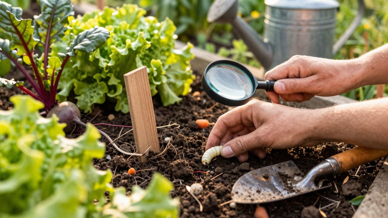Mãos removendo larva do solo de horta com lupa e ferramentas de jardinagem ao redor.