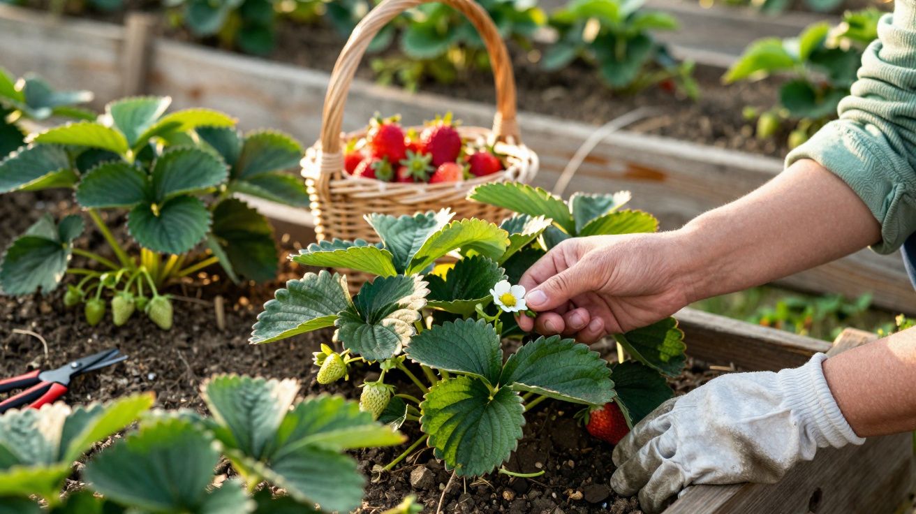 Pessoa colhendo morangos em jardim, com cesta cheia de morangos ao fundo e planta com flores e frutos.