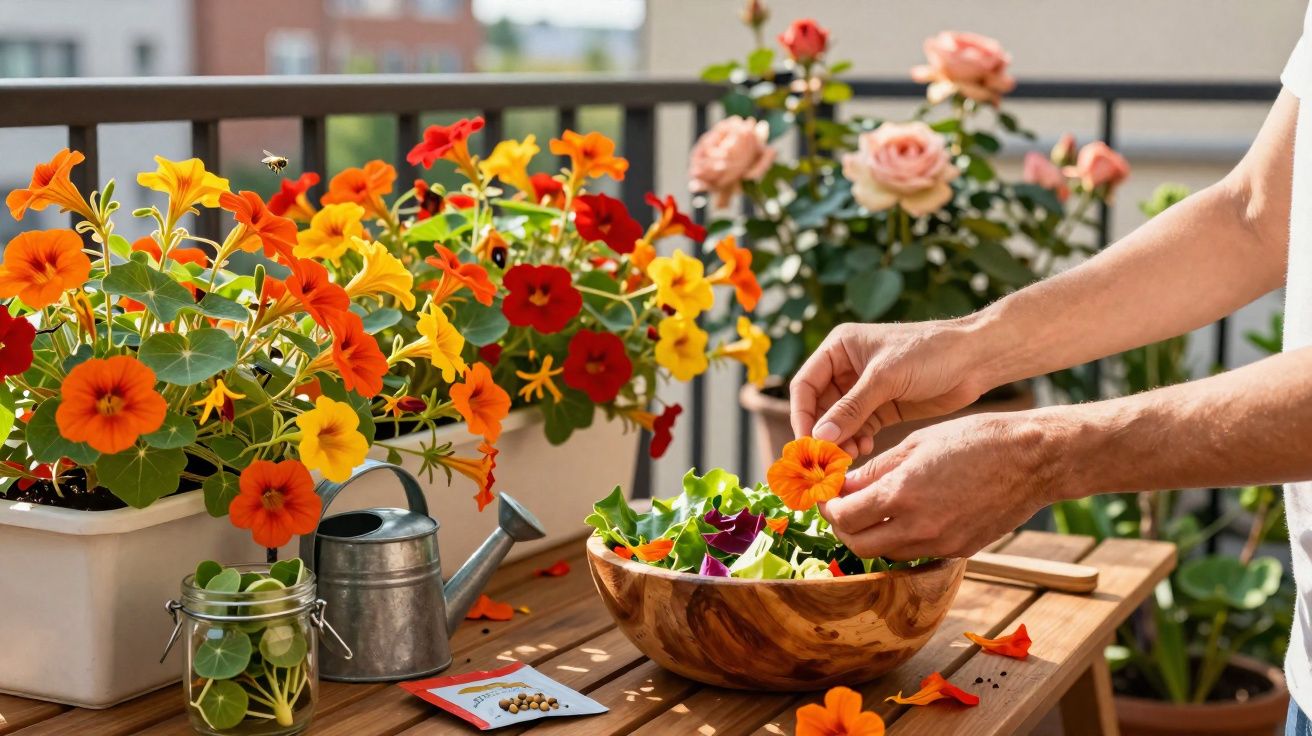 Pessoa colhendo flores alaranjadas para salada em varanda com plantas e flores coloridas ao fundo.