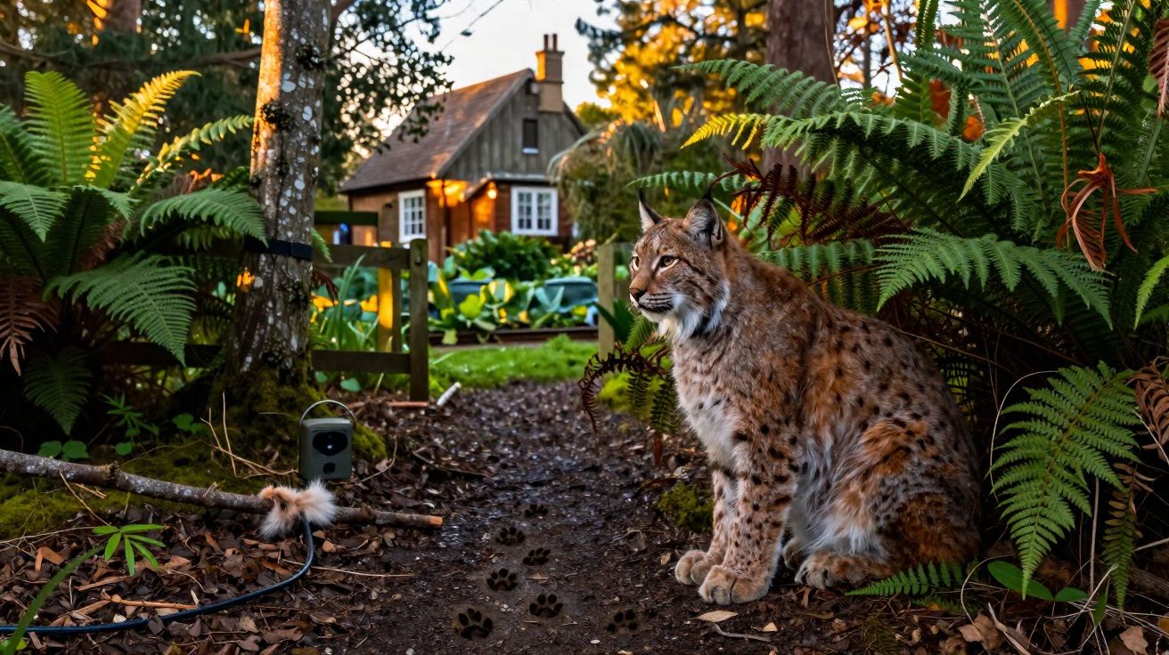Lince sentado em trilha de terra cercada por vegetação, próximo a uma casa ao fundo ao entardecer.