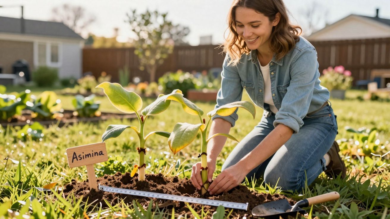 Mulher sorrindo planta muda de Asimina no jardim ensolarado com ferramentas de jardinagem.