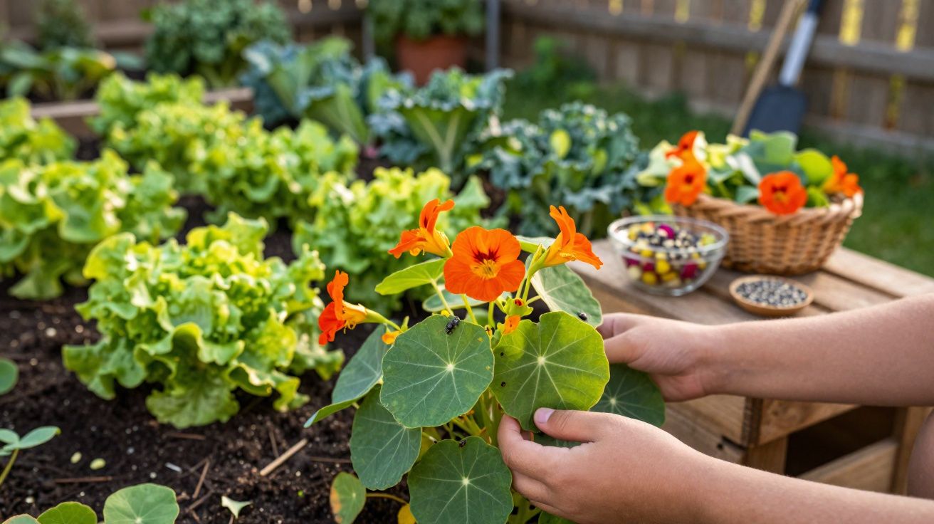 Mãos cuidando de flores laranja em jardim com alface e sementes sobre mesa de madeira.