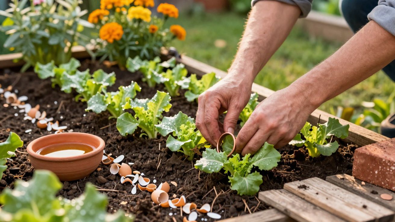 Mãos plantando mudas em canteiro com cascas de ovos e um vaso de barro com água.