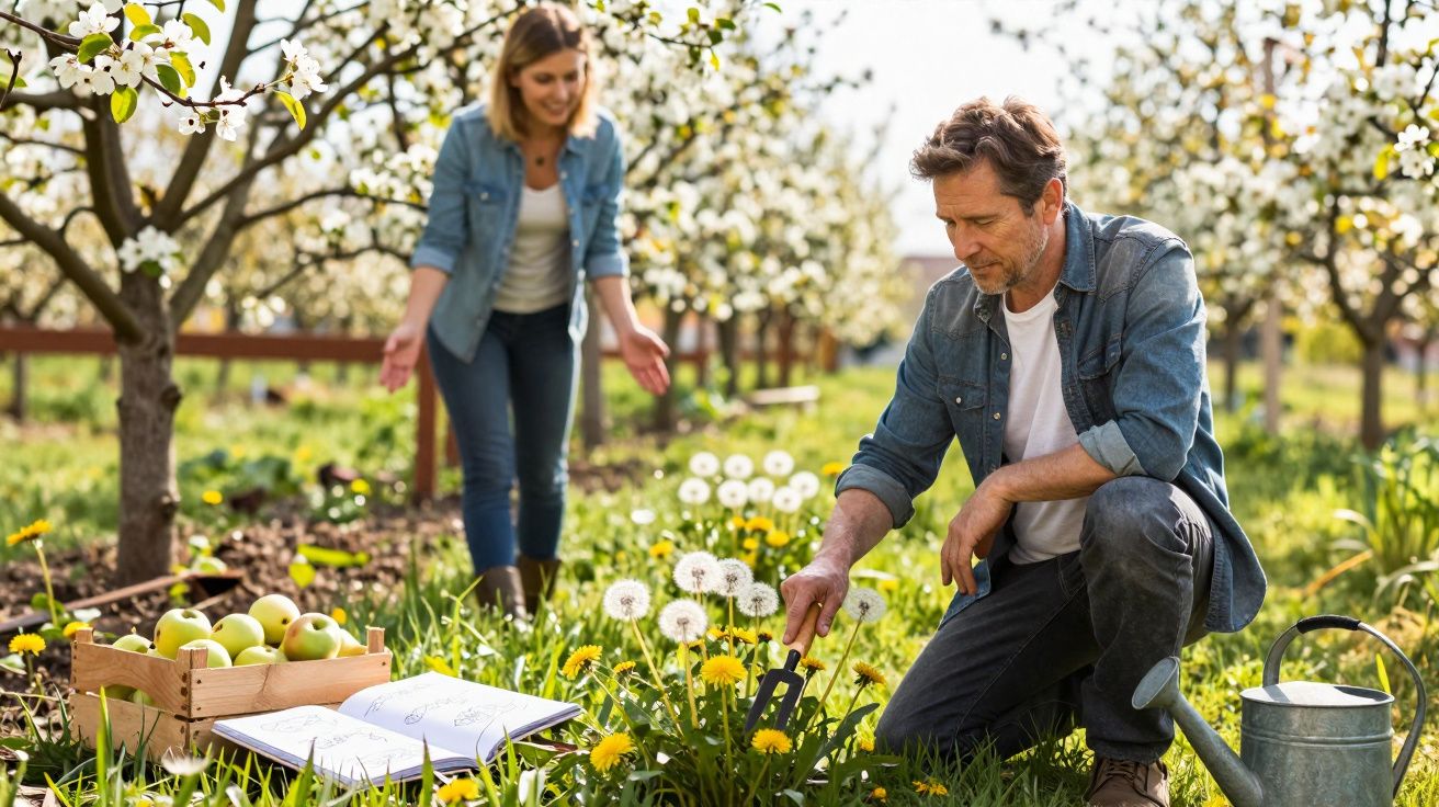 Homem e mulher cuidam de dente-de-leão em pomar florido com maçãs colhidas e regador.